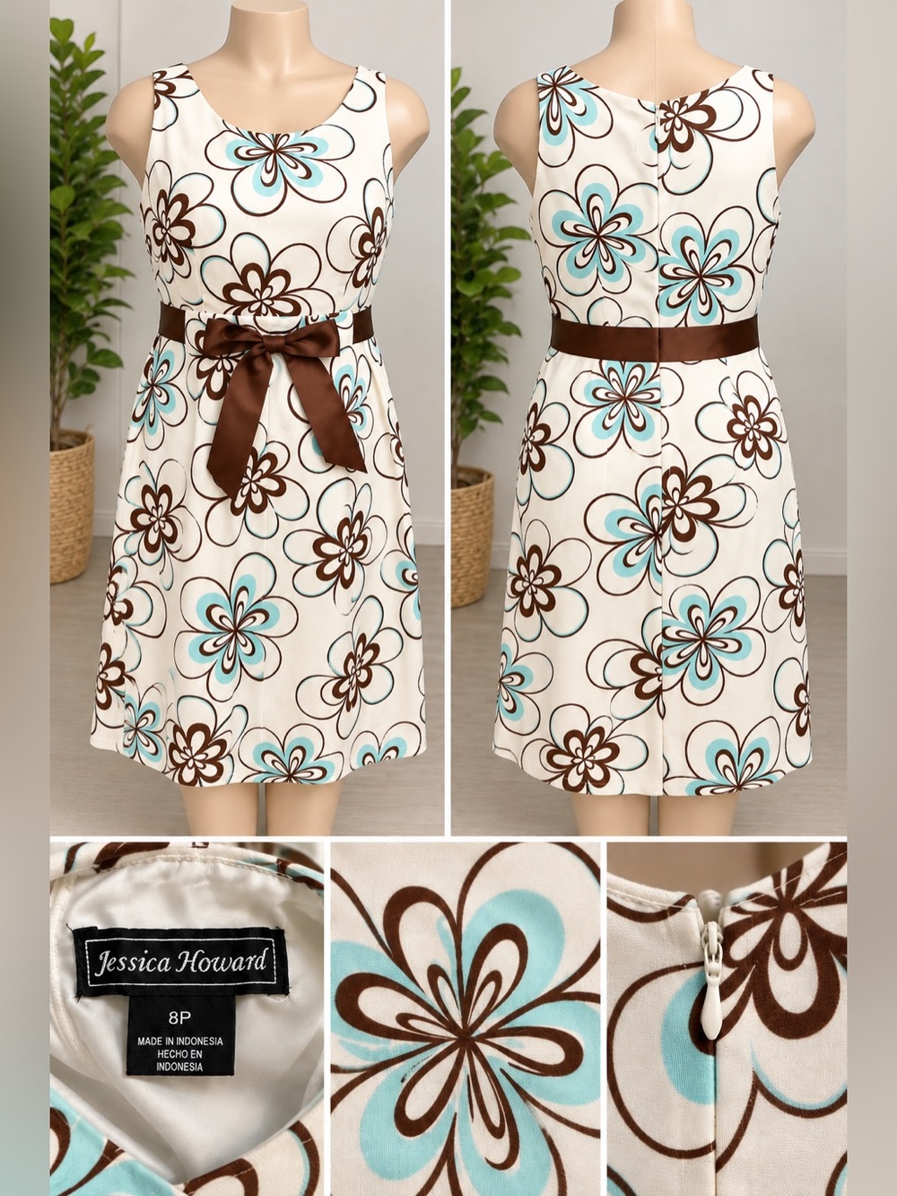 Jessica Howard Cream Floral Dress with Blue & Brown Accents